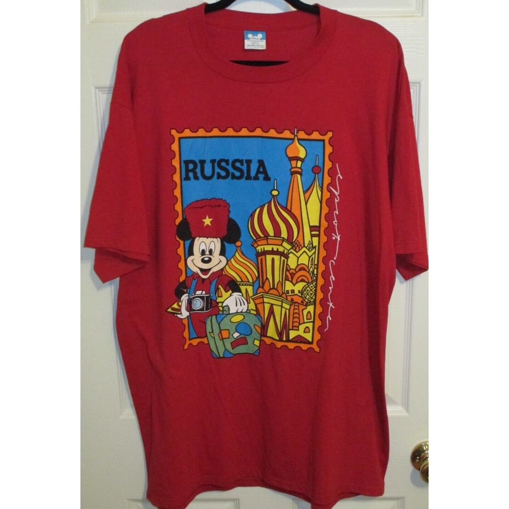 Vintage 90s Disney Mickey Mouse Russia Stamp Graphic Red Tee OSFA